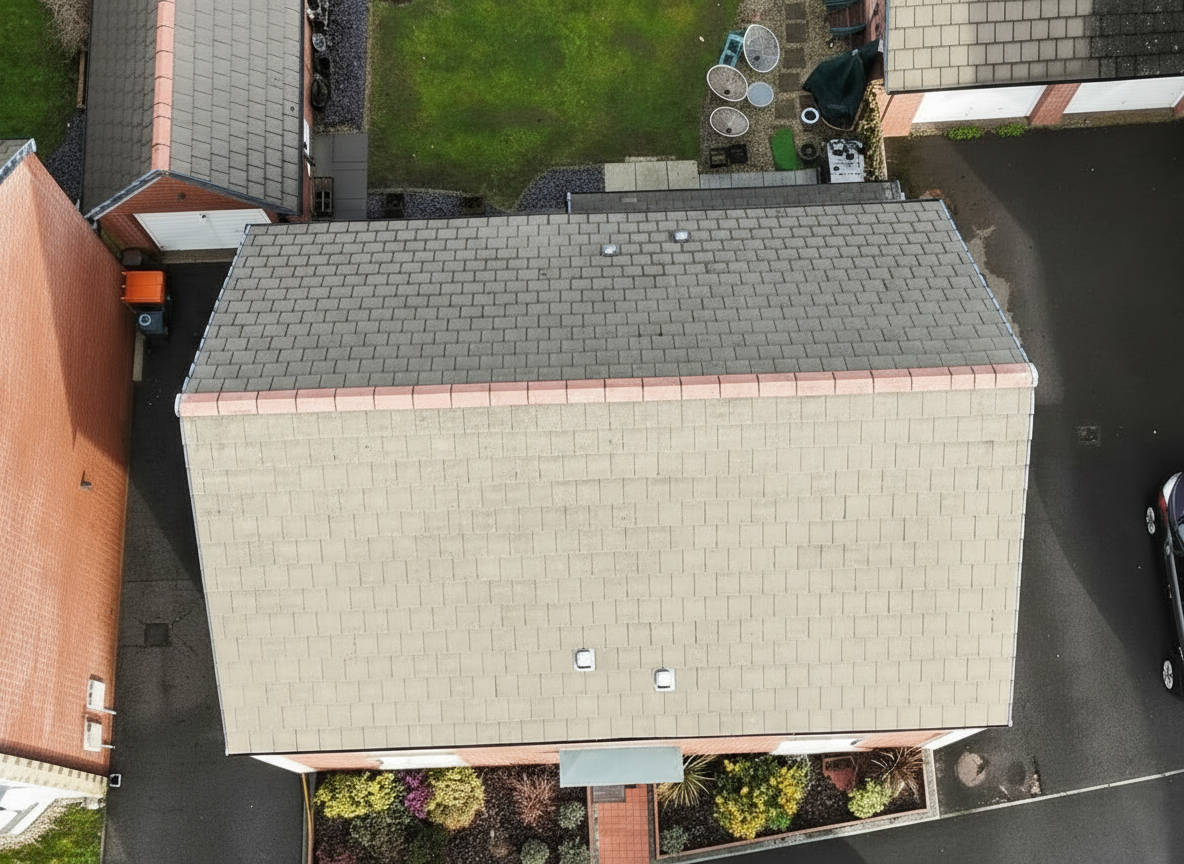 Roof and gutter drone view after cleaning