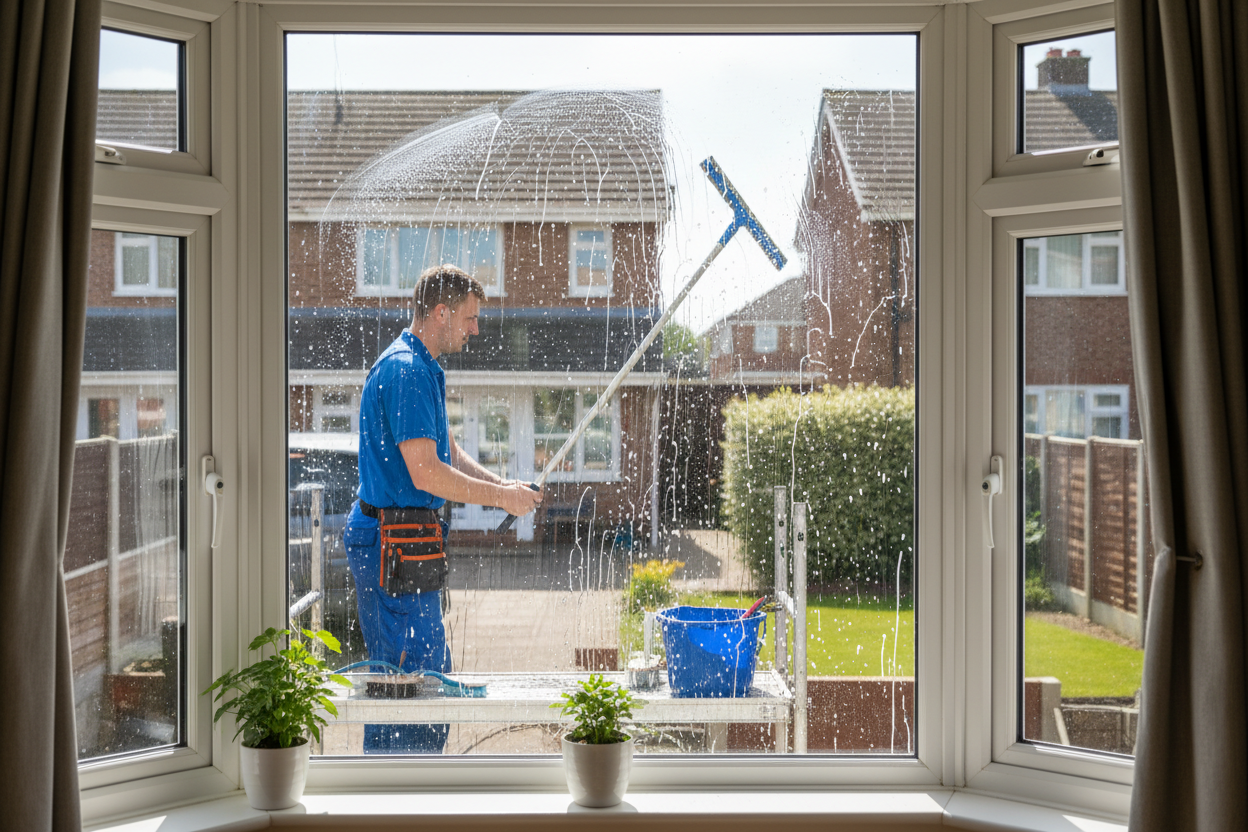 the man is cleaning the window outside the house
